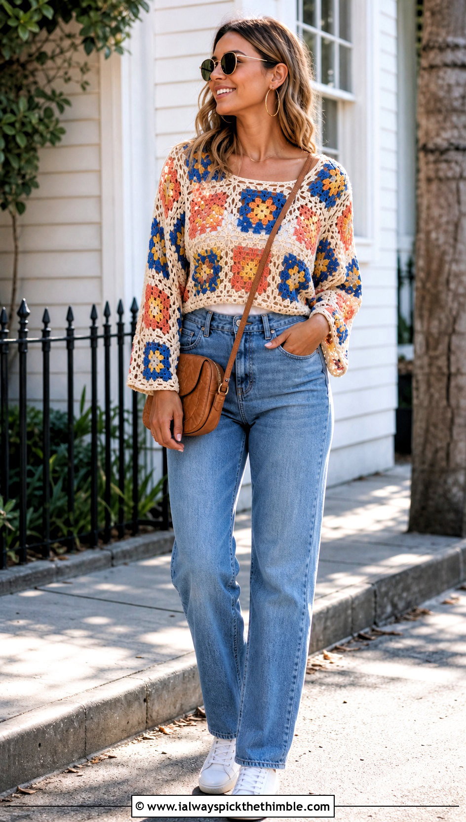 Granny Square Mesh Crochet Top With Straight Jeans - 25 mesh crochet top outfit ideas
