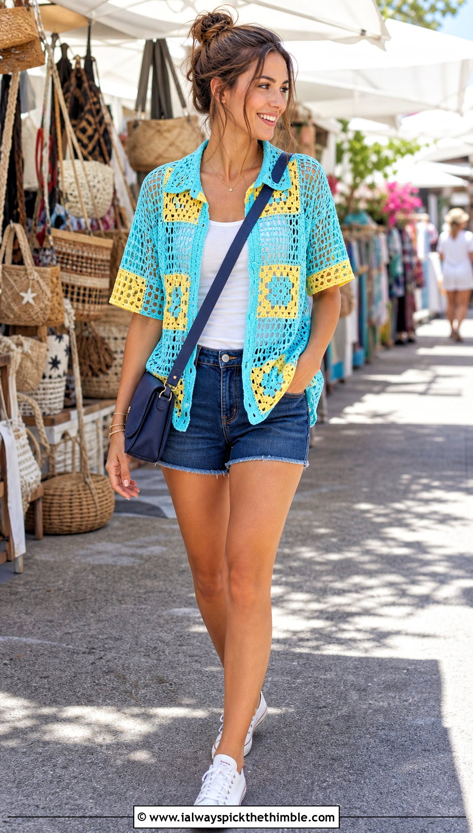 Granny Square Mesh Shirt With Denim Shorts - 25 granny square shirt outfit ideas