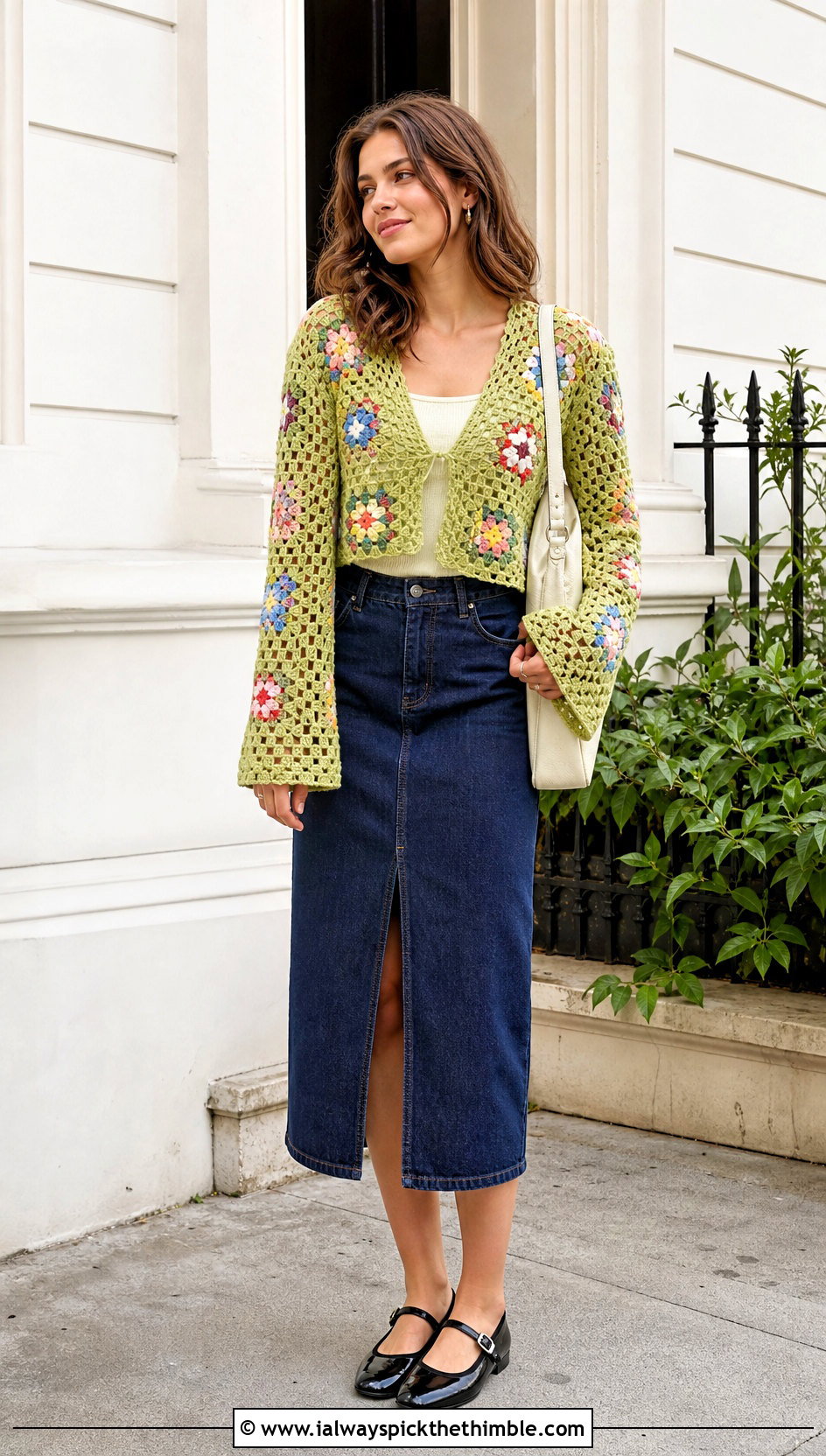 Granny Square Mesh Sleeve Top With Denim Midi Skirt - 20 crochet mesh sleeve top outfit ideas