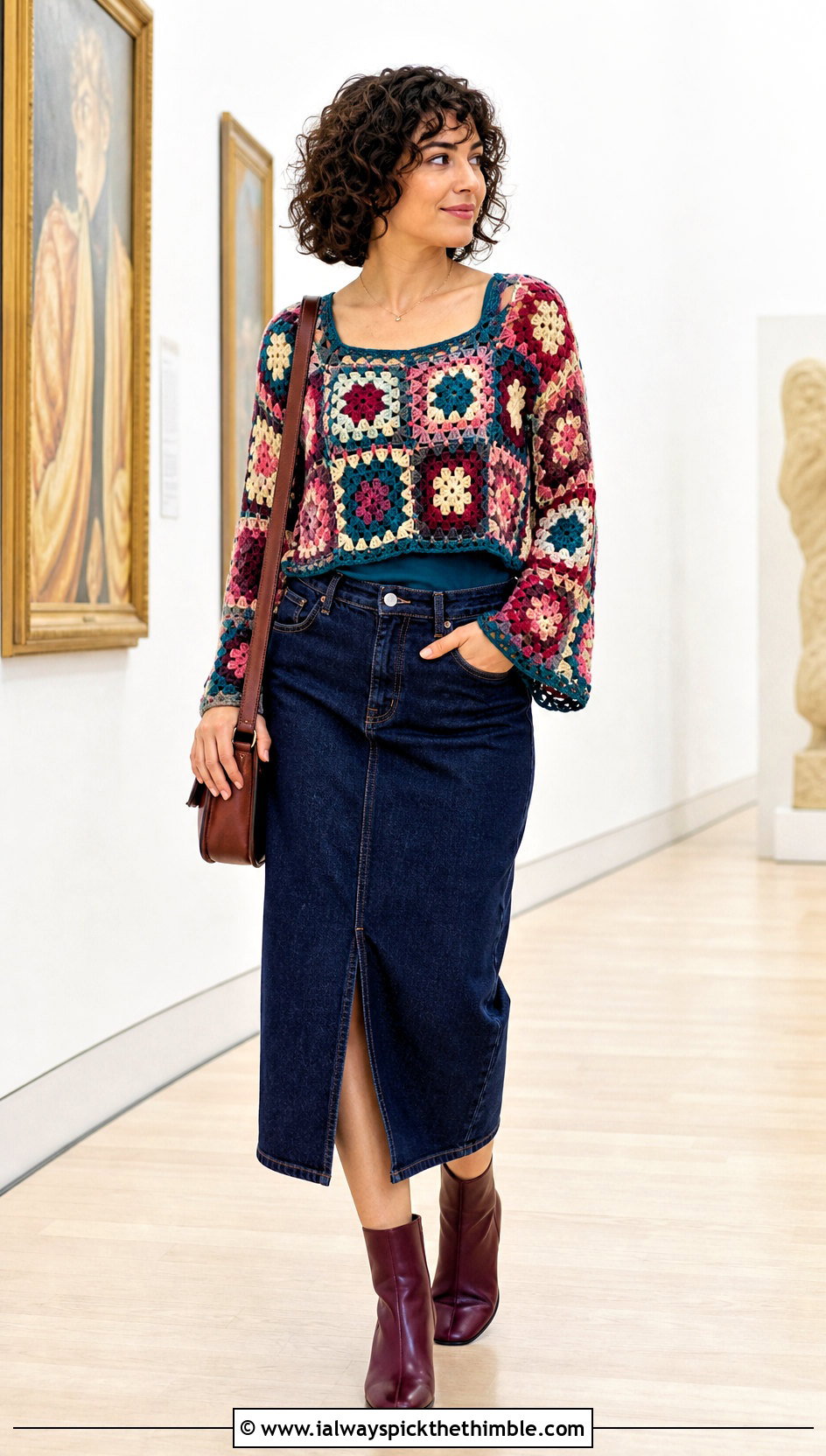 Granny Square Mesh Sleeve Top With Denim Midi Skirt - 15 Crochet Long Sleeve Mesh Top outfit ideas