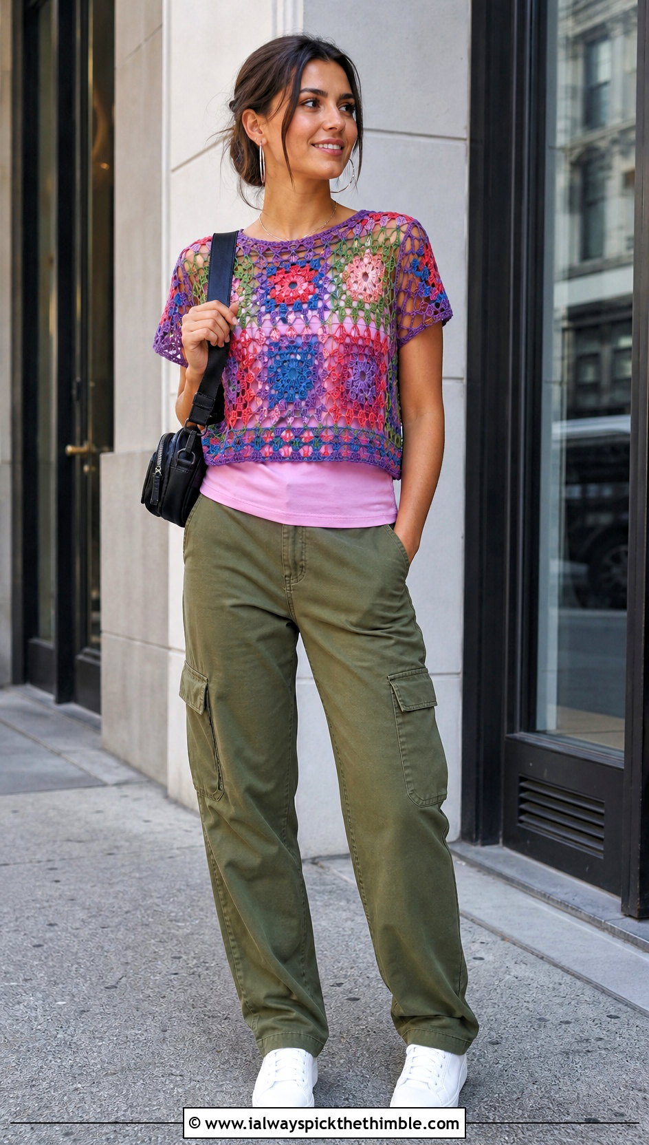 Granny Square Mesh Top With Cargo Pants - 25 crochet mesh top outfit ideas