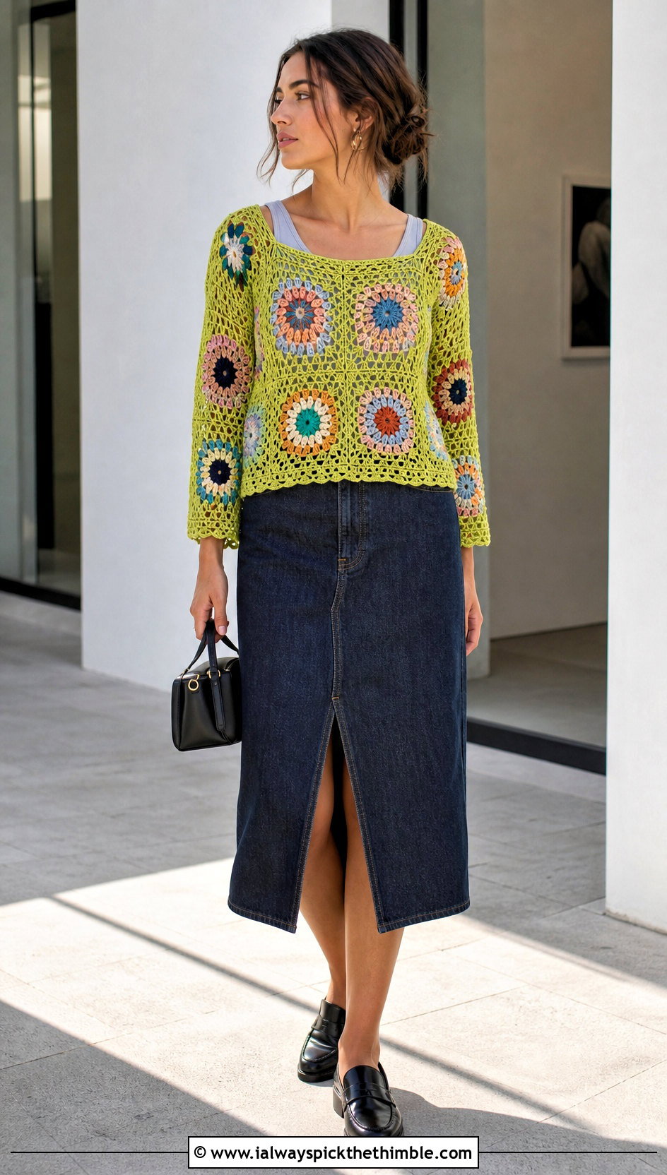 Granny Square Mesh Top With Denim Skirt - 20 Cute Crochet Mesh Top outfit ideas