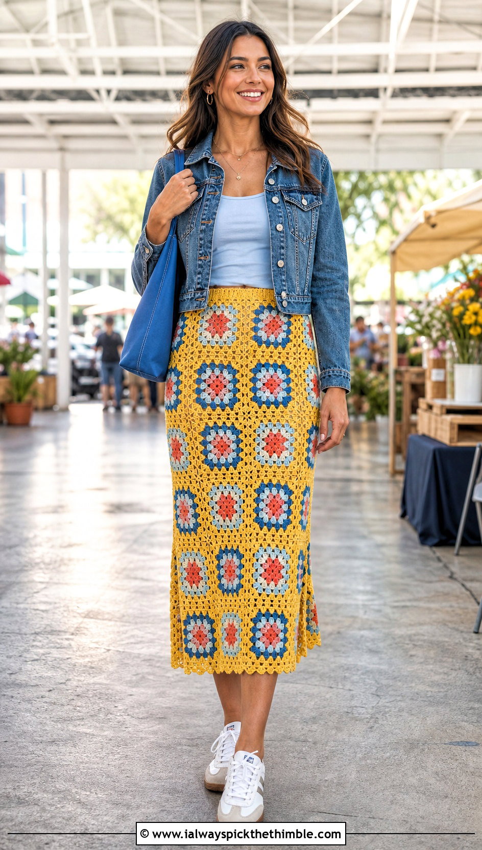 Granny Square Midi Crochet Skirt With Denim Jacket - 20 midi crochet skirt outfit ideas