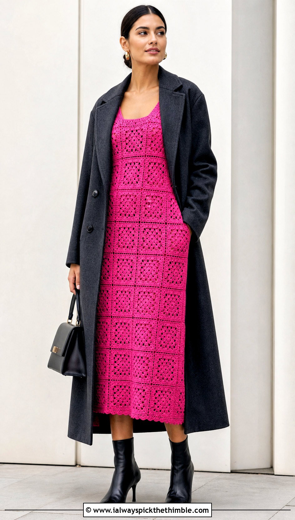 Granny Square Midi Dress With Tailored Coat - 25 crochet granny square dress outfit ideas