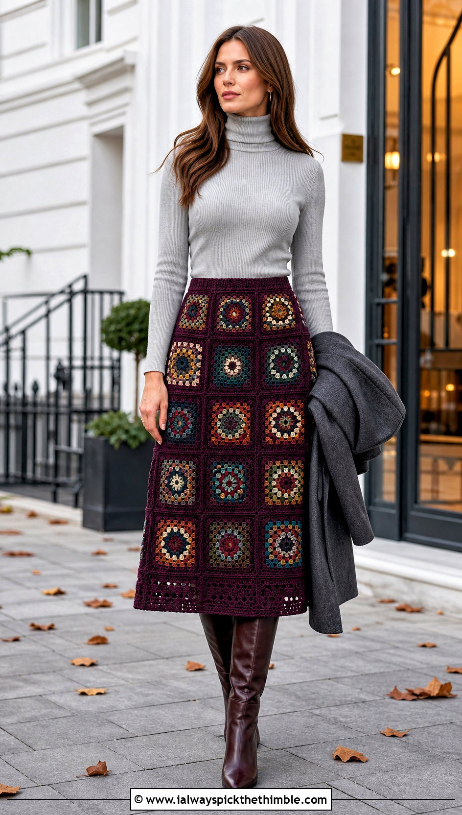 Granny Square Midi Skirt With Fitted Turtleneck - 25 Granny Square Outfit ideas
