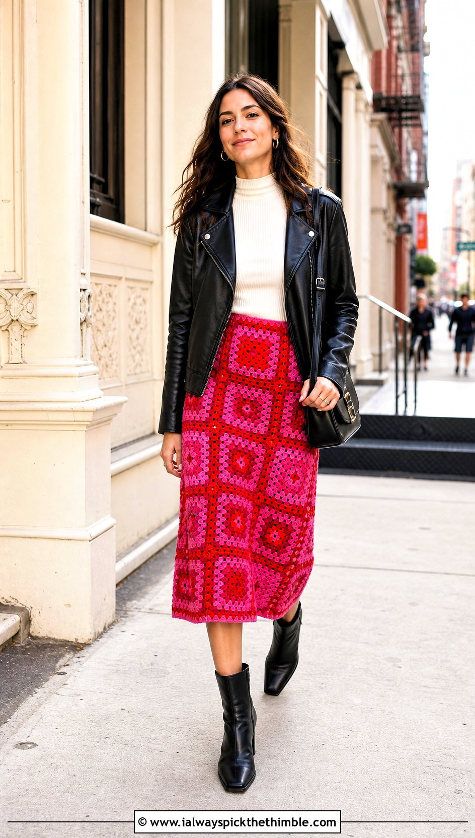 Granny Square Midi Skirt With Leather Jacket - 25 granny square skirt outfit ideas