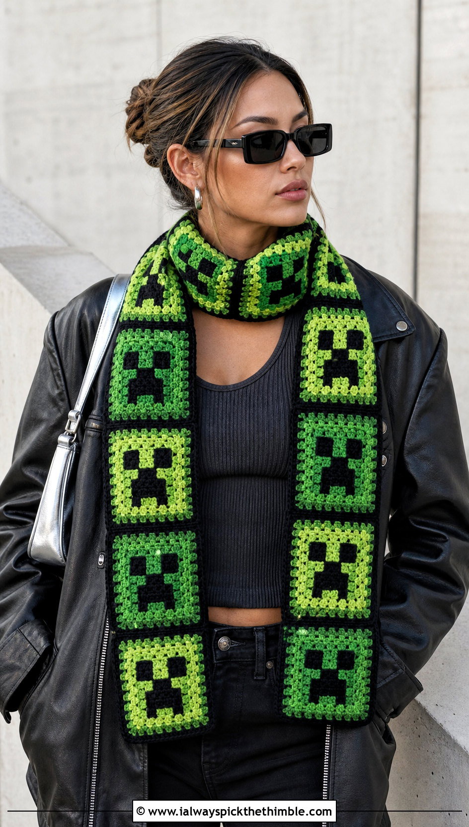 Granny Square Minecraft Creeper Crochet Scarf With Leather Jacket - 15 minecraft creeper crochet scarf outfit ideas