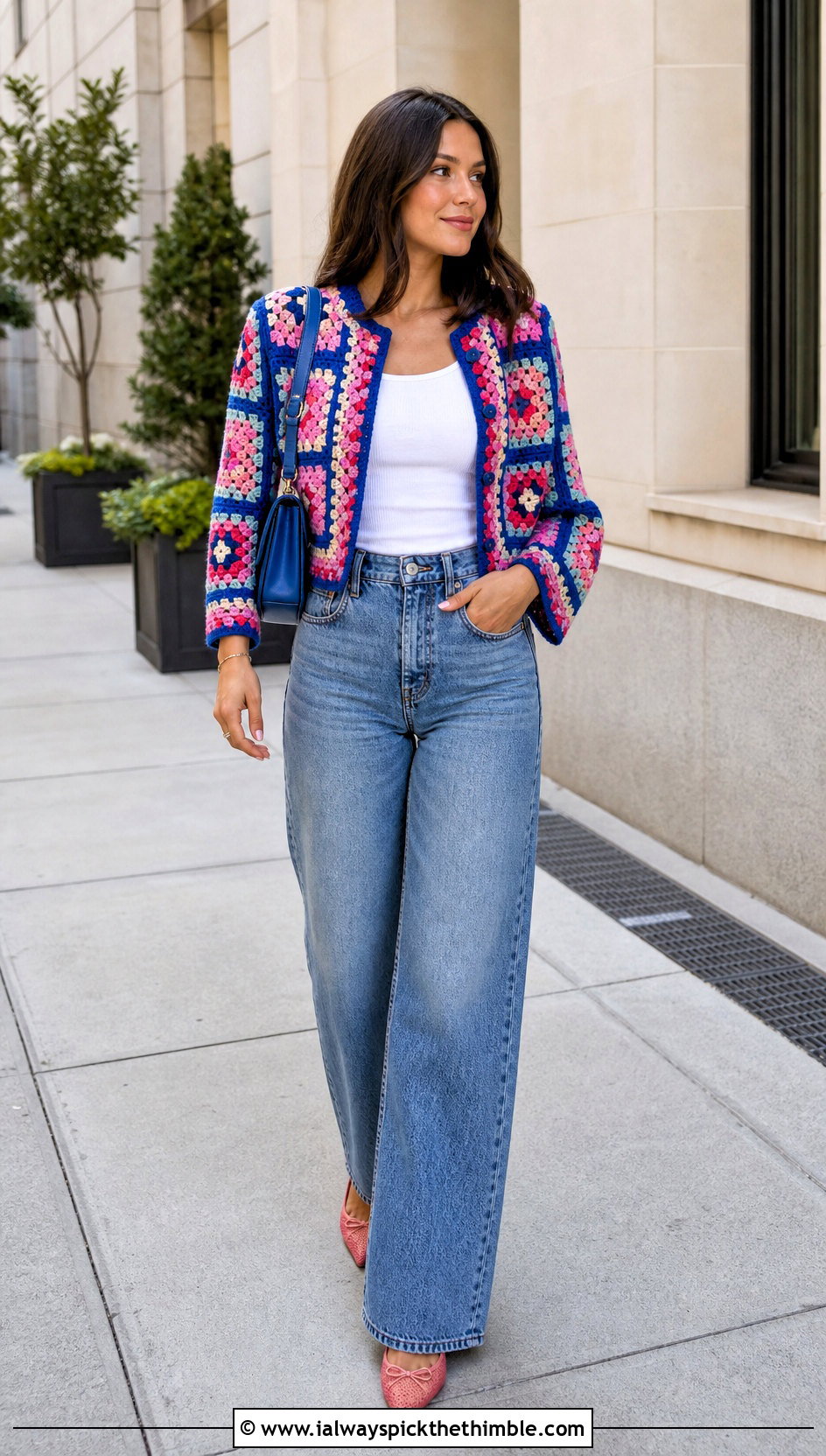 Granny Square Mini Crochet Cardigan With Wide Leg Jeans - 25 mini crochet cardigan outfit ideas