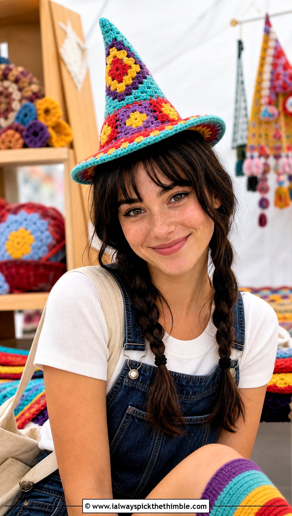 Granny Square Mini Crochet Witch Hat With Overalls - 20 Mini Crochet Witch Hat outfit ideas