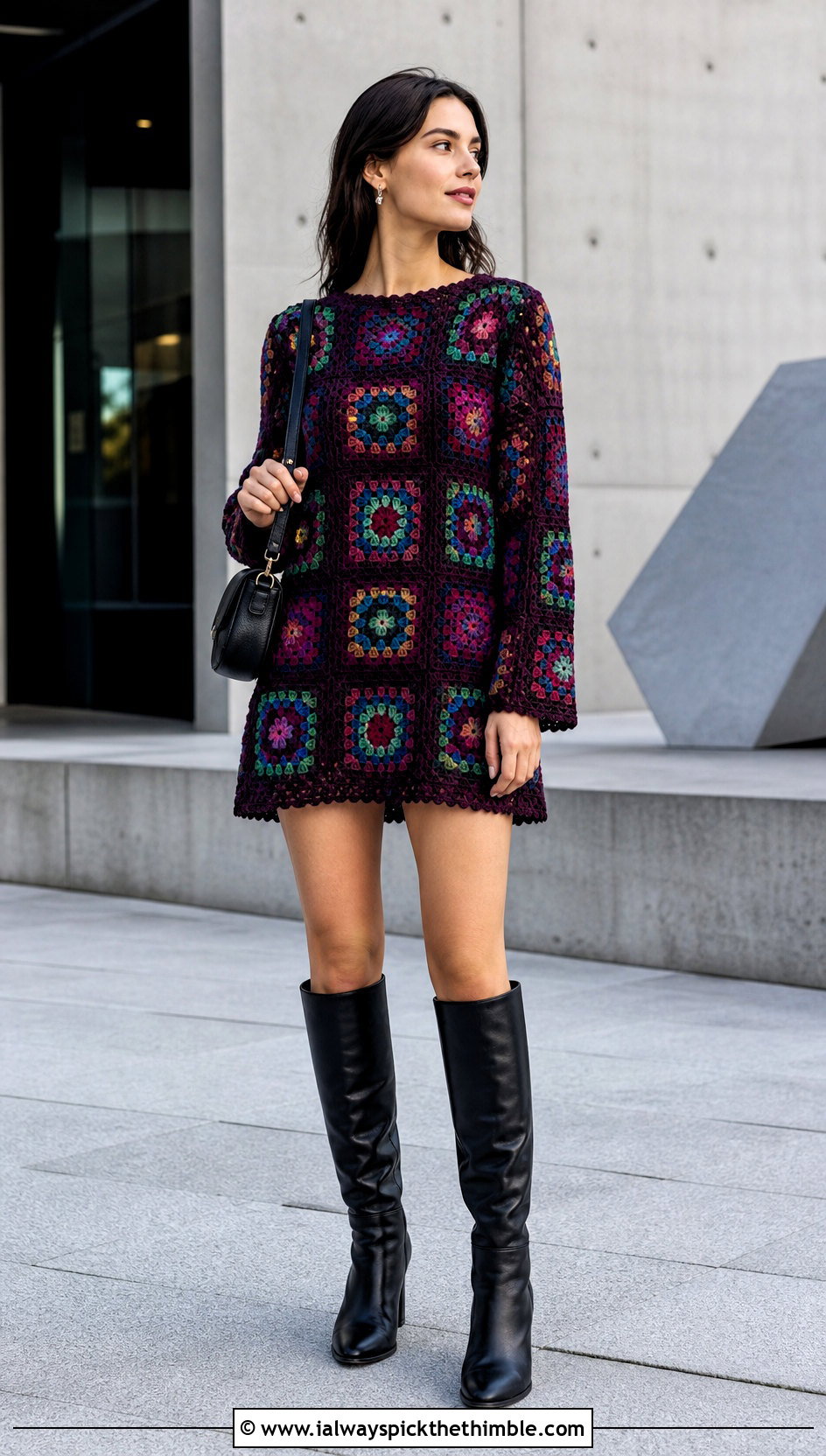Granny Square Mini Dress With Knee High Boots - 25 Granny Square Clothing Ideas