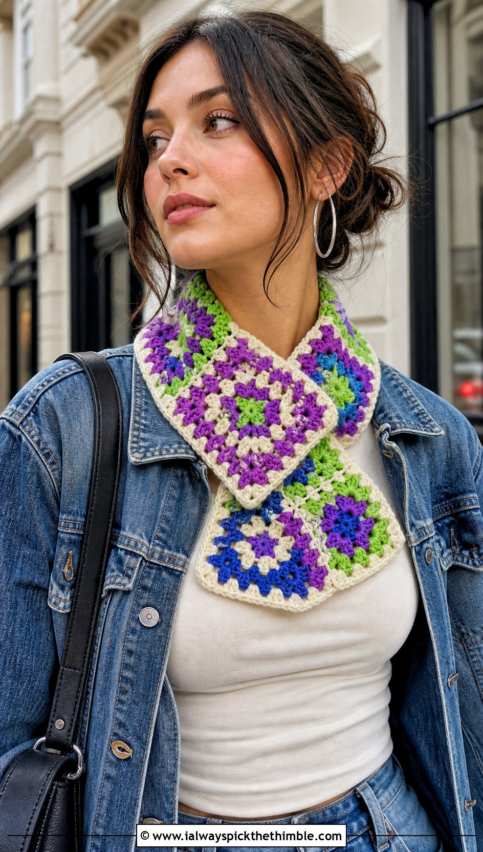 Granny Square Mini Scarf With Denim Jacket - 25 small crochet scarf outfit ideas