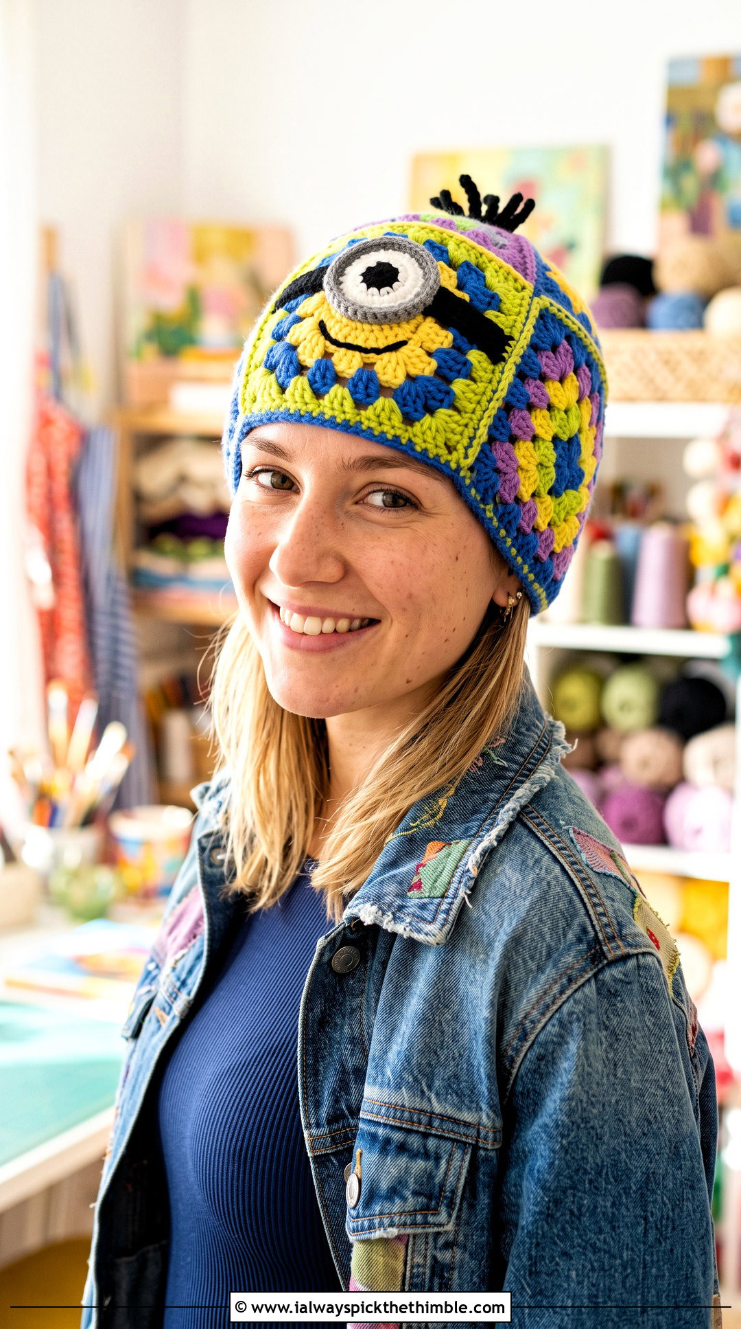 Granny Square Minion Crochet Beanie With Patchwork Denim - 20 minion crochet beanie outfit ideas
