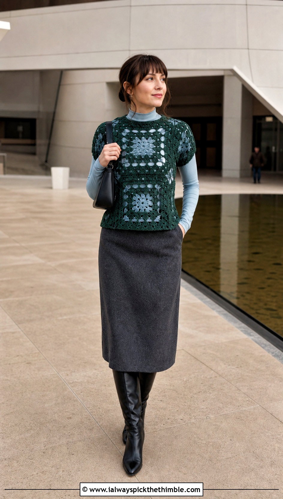 Granny Square Mock Neck Top With Midi Skirt - 25 granny squares top outfit ideas