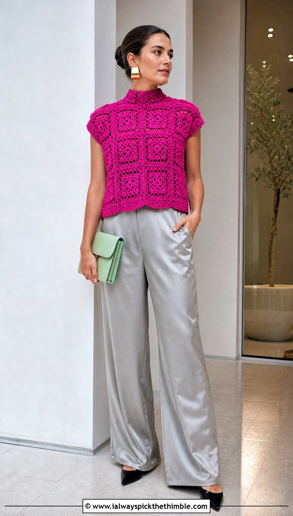 Granny Square Mock Neck Top With Satin Pants - 25 granny square crochet top outfit ideas