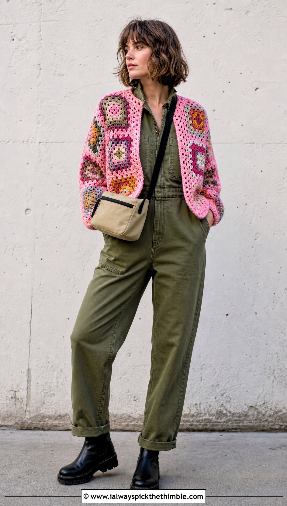 Granny Square Mohair Crochet Shrug With Utility Jumpsuit - 20 mohair crochet shrug outfit ideas
