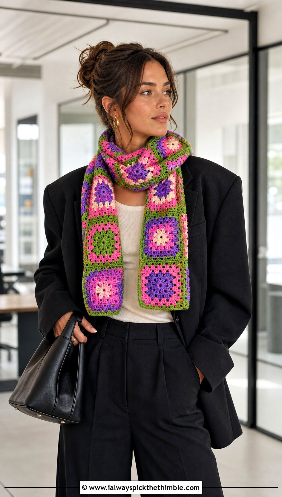 Granny Square Mood Scarf With Black Blazer - 15 Crochet Mood Scarf outfit ideas