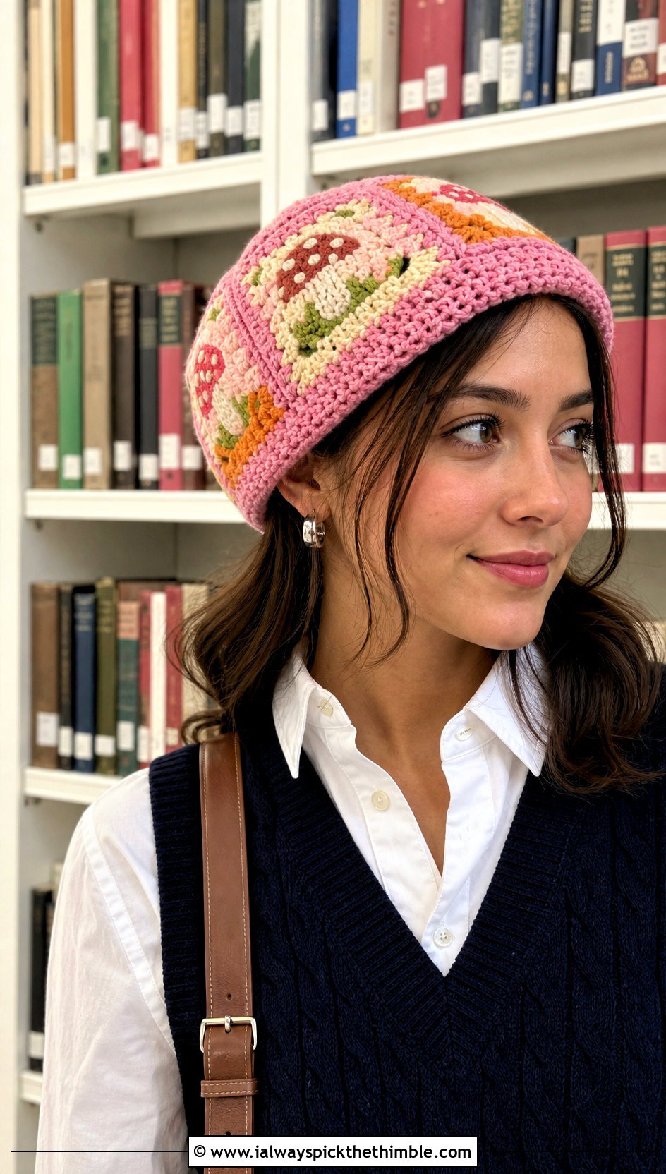 Granny Square Mushroom Beanie With Sweater Vest And Oxford Shirt - 20 crochet mushroom beanie outfit ideas