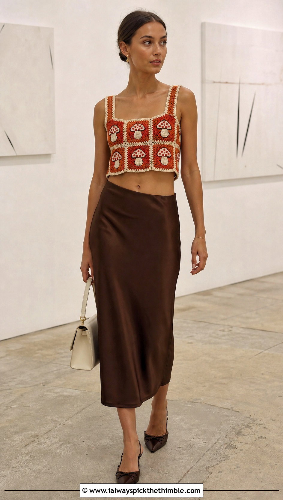 Granny Square Mushroom Crochet Crop Top With Satin Midi Skirt - 15 Crochet Mushroom Crop Top outfit ideas
