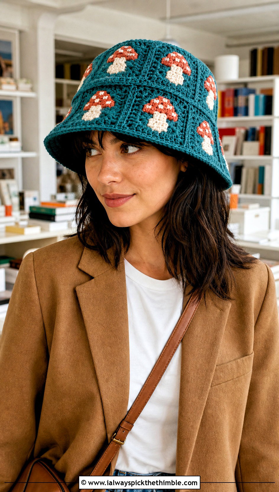 Granny Square Mushroom Crochet Hat With Blazer And Jeans - 20 mushroom crochet hat outfit ideas
