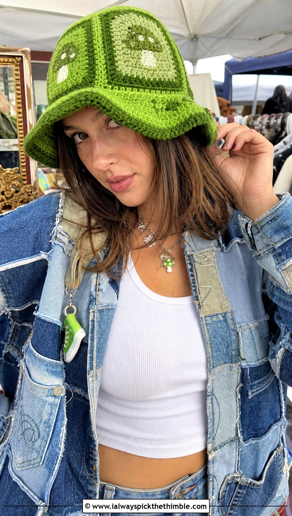 Granny Square Mushroom Crochet Hat With Patchwork Denim - 25 crochet mushroom hat outfit ideas