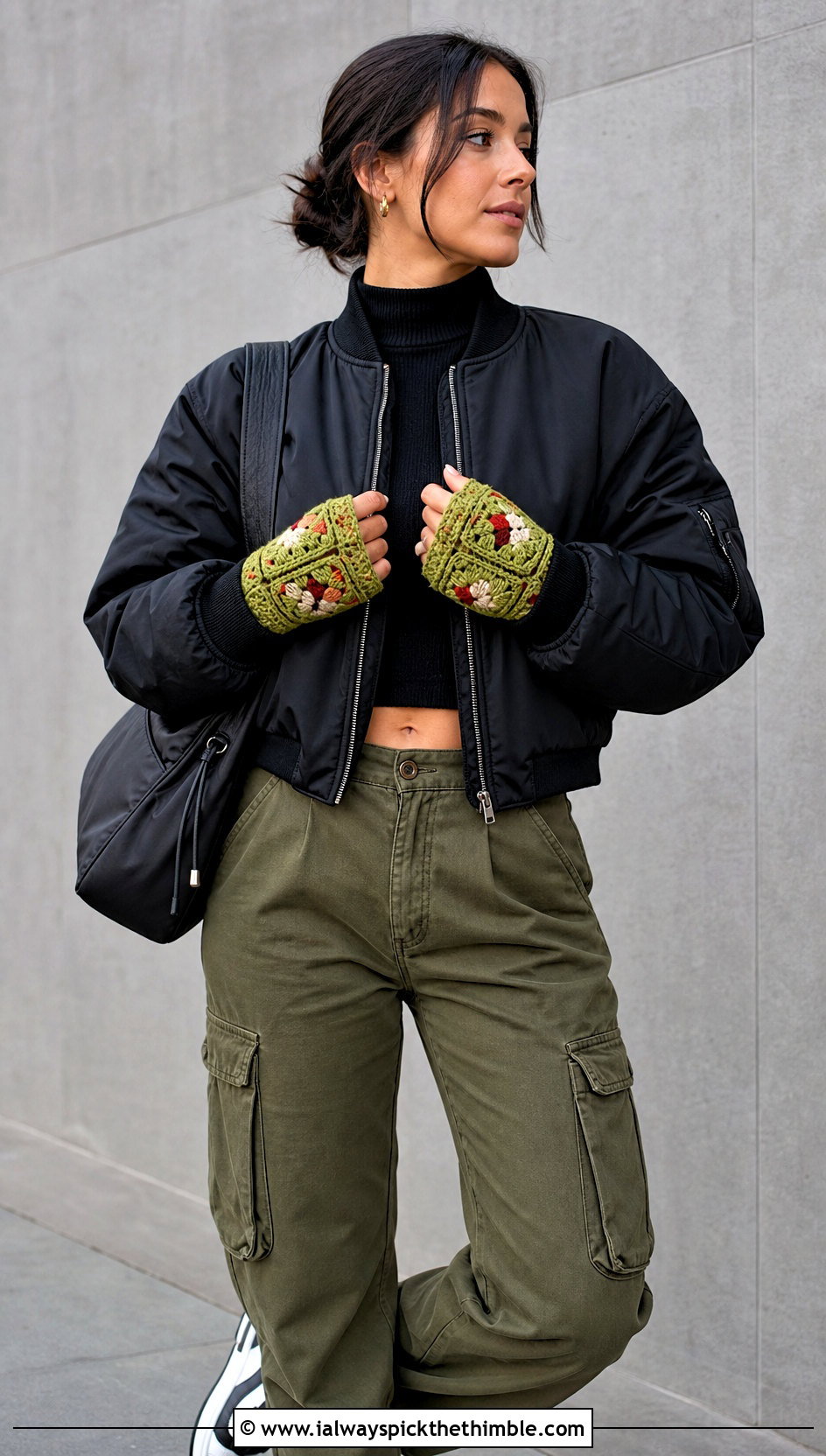Granny Square Mushroom Gloves With Bomber Jacket And Cargo Pants - 20 Crochet Mushroom Gloves outfit ideas