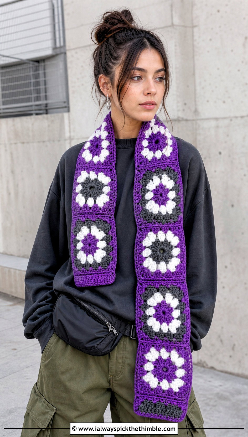 Granny Square Natsu Scarf With Cargo Pants - 15 Crochet Natsu Scarf outfit ideas