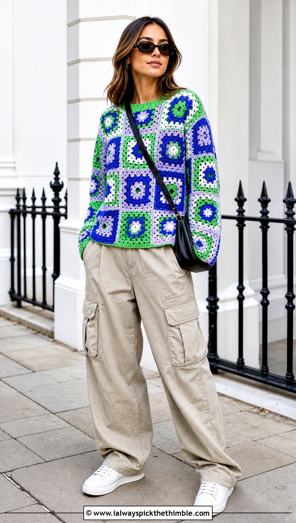 Granny Square Neck Crochet Sweater With Cargo Pants - 15 Square Neck Crochet Sweater outfit ideas