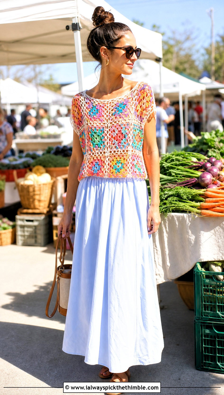 Granny Square Net Crochet Top With Poplin Maxi Skirt - 25 crochet net top outfit ideas