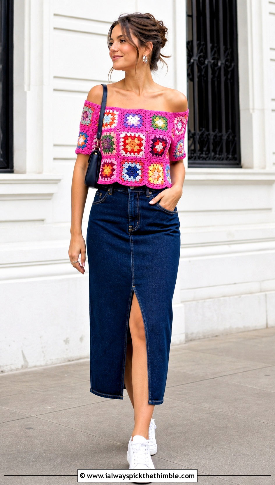 Granny Square Off Shoulder Crochet Top With Denim Midi Skirt - 20 Off Shoulder Crochet Top outfit ideas