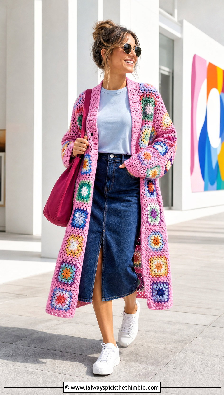 Granny Square One Piece Crochet Cardigan With Denim Skirt - 25 one piece crochet cardigan outfit ideas