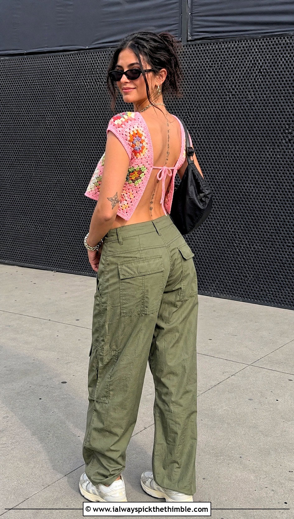 Granny Square Open Back Crochet Top With Cargo Pants - 15 crochet top with back cutout outfit ideas