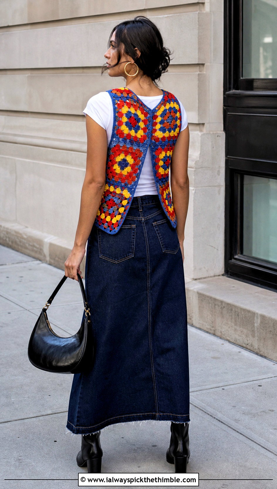 Granny Square Open Back Crochet Vest With Denim Maxi Skirt - 15 crochet open back vest outfit ideas