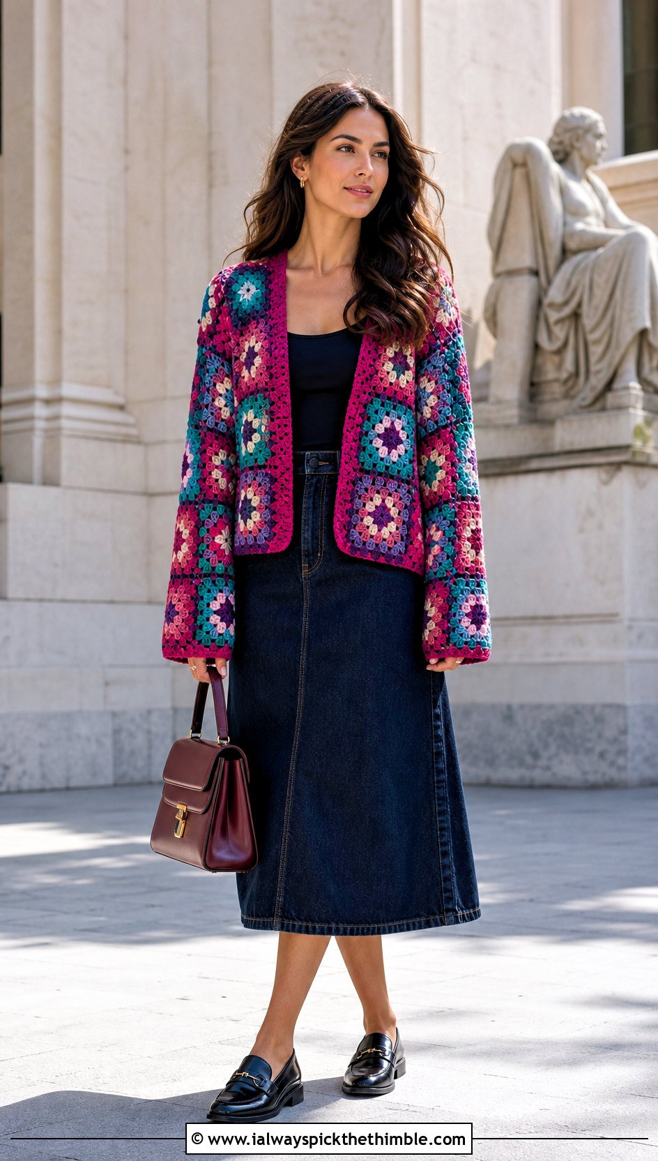 Granny Square Open Knit Crochet Sweater With Denim Midi Skirt - 15 Open Knit Crochet Sweater outfit ideas