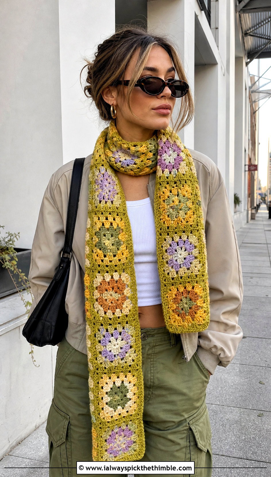 Granny Square Openwork Scarf With Cargo Pants - 15 openwork crochet scarf outfit ideas