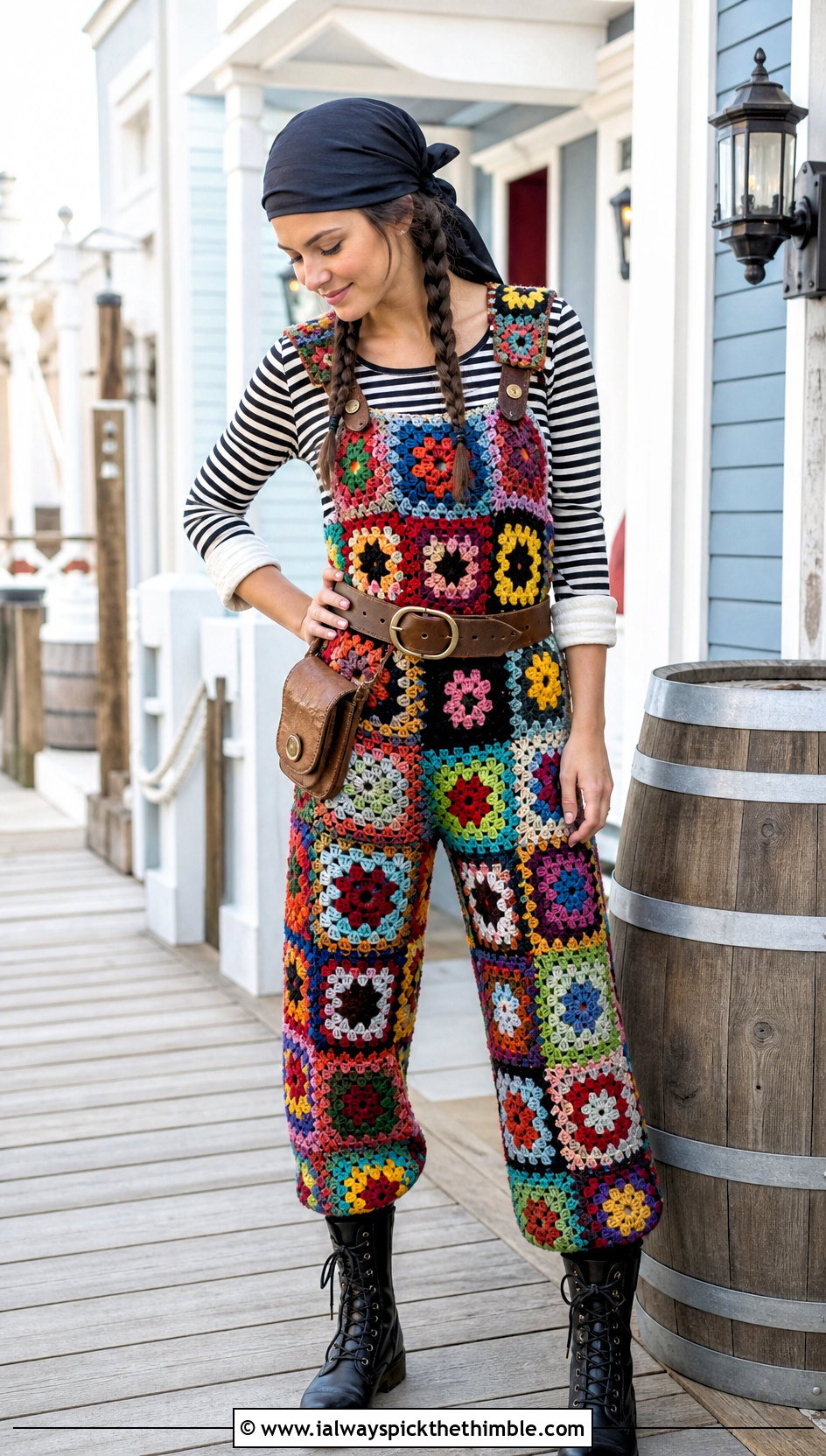 Granny Square Overalls Pirate Costume With Striped Top - 20 crochet pirate costume outfit ideas