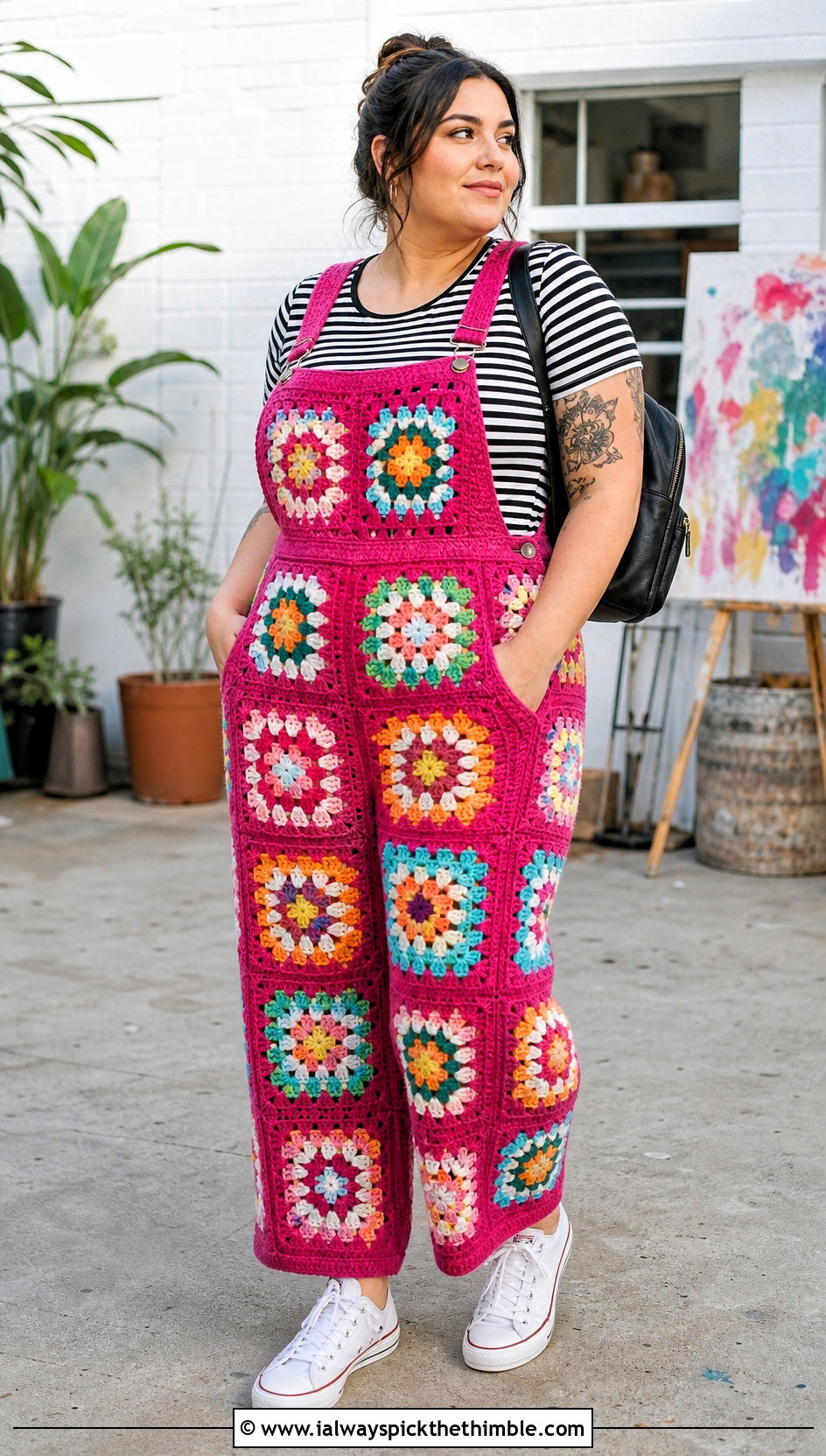 Granny Square Overalls With Striped T Shirt - 25 Granny Square Outfit ideas