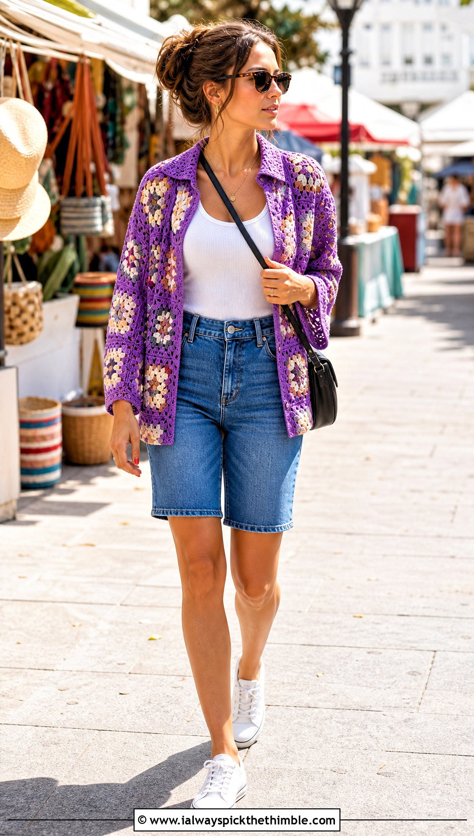 Granny Square Overshirt With Denim Shorts - 20 Crochet Clothes With Granny Squares outfit ideas