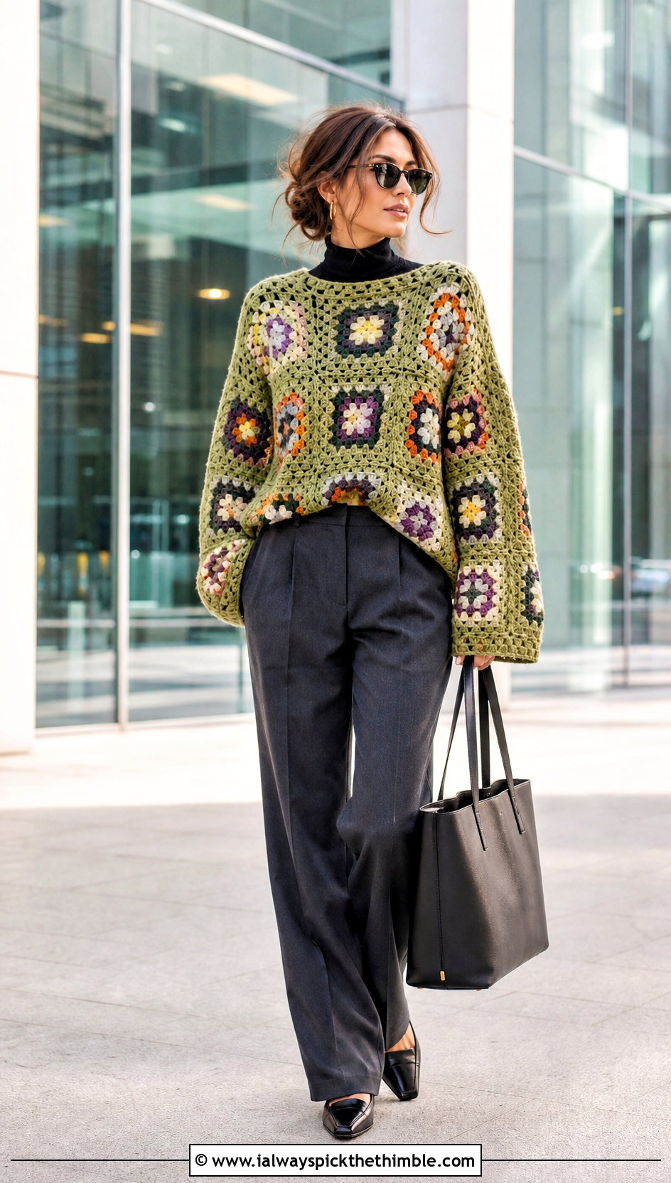 Granny Square Oversize Crochet Sweater With Tailored Trousers - 15 Oversize Crochet Sweater outfit ideas