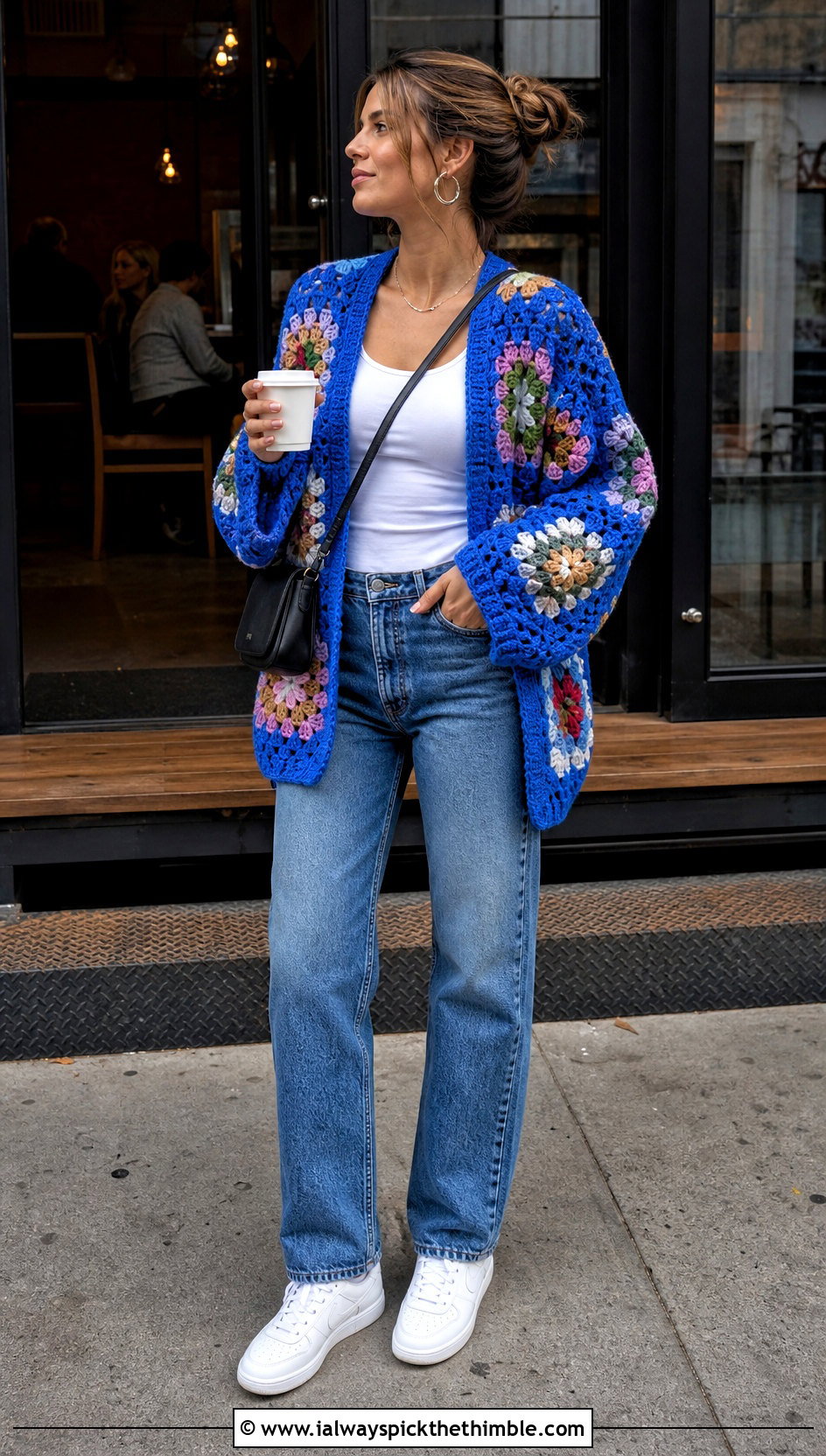 Granny Square Oversize Sweater With Straight Leg Jeans - 20 Crochet Oversize Sweater outfit ideas