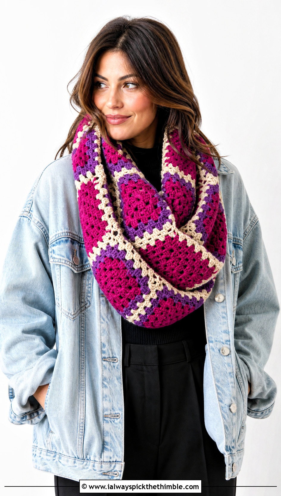 Granny Square Oversized Crochet Infinity Scarf With Denim Jacket - 15 Oversized Crochet Infinity Scarf outfit ideas