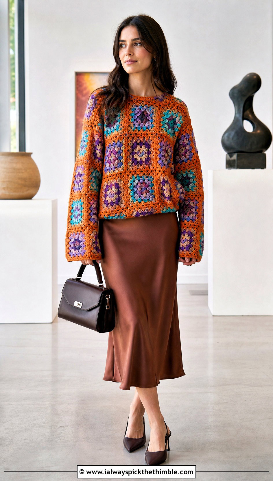 Granny Square Oversized Crochet Sweater With Satin Midi Skirt - 25 crochet oversized sweater outfit ideas