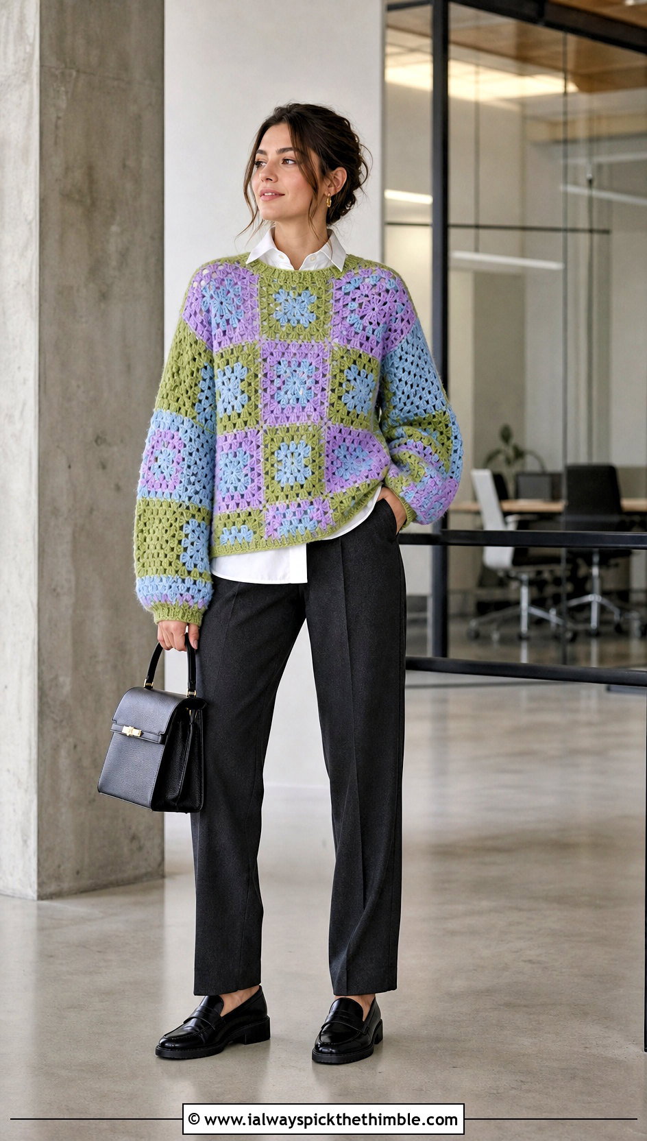 Granny Square Oversized Crochet Sweater With Tailored Trousers - 15 Oversized Crochet Sweaters outfit ideas