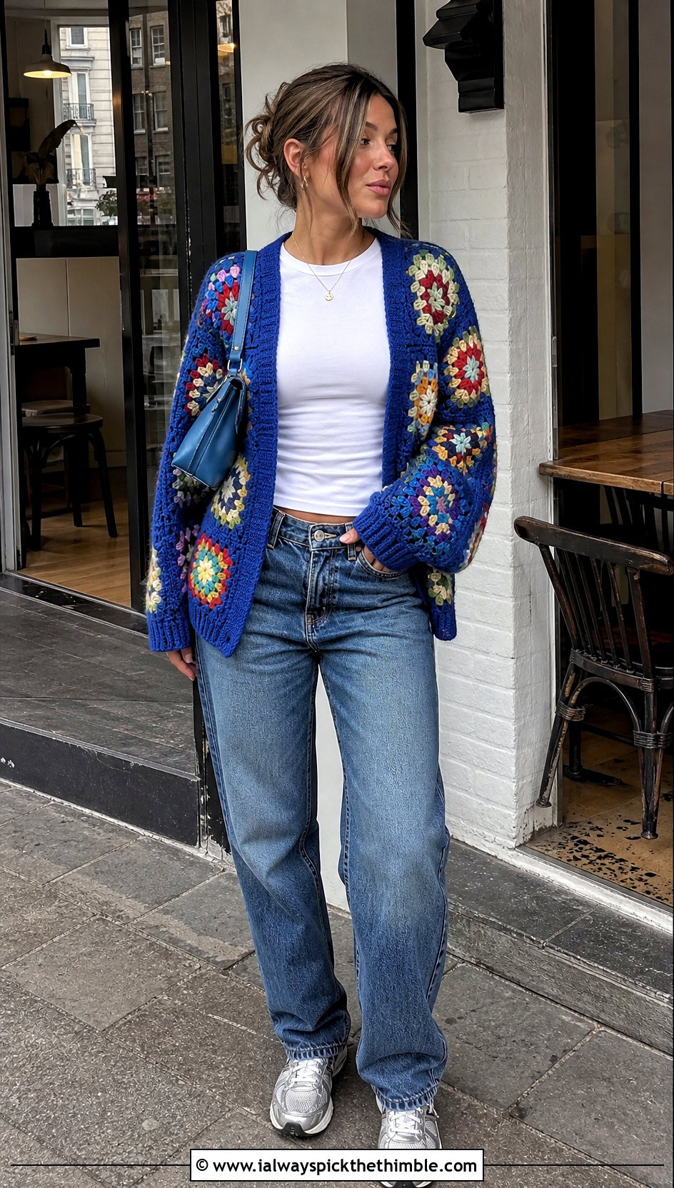 Granny Square Oversized Patchwork Crochet Cardigan With Straight Leg Jeans - 15 oversized patchwork crochet cardigan outfit ideas