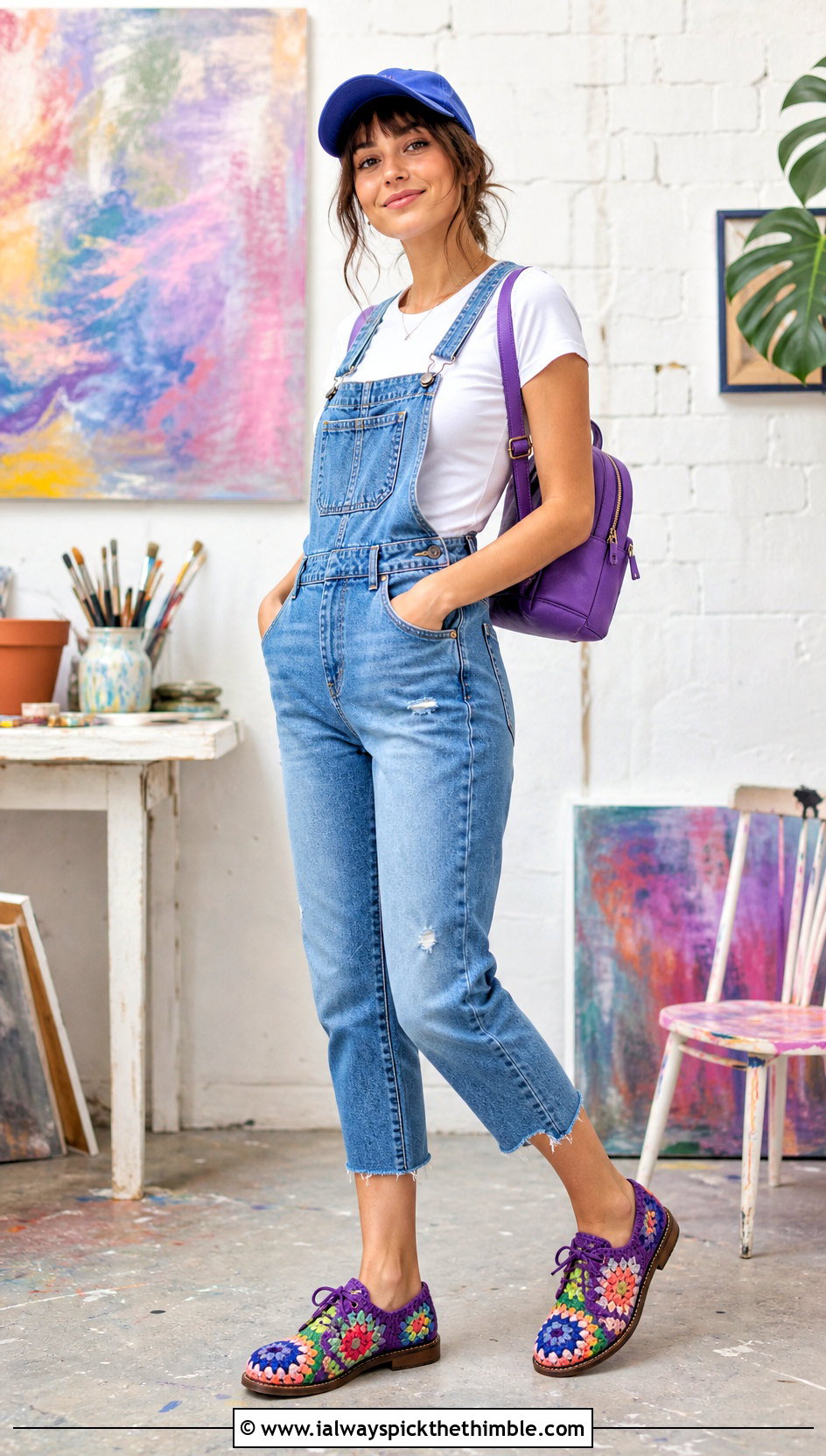 Granny Square Oxford Shoes With Denim Overalls - 15 Crochet Oxford Shoes outfit ideas