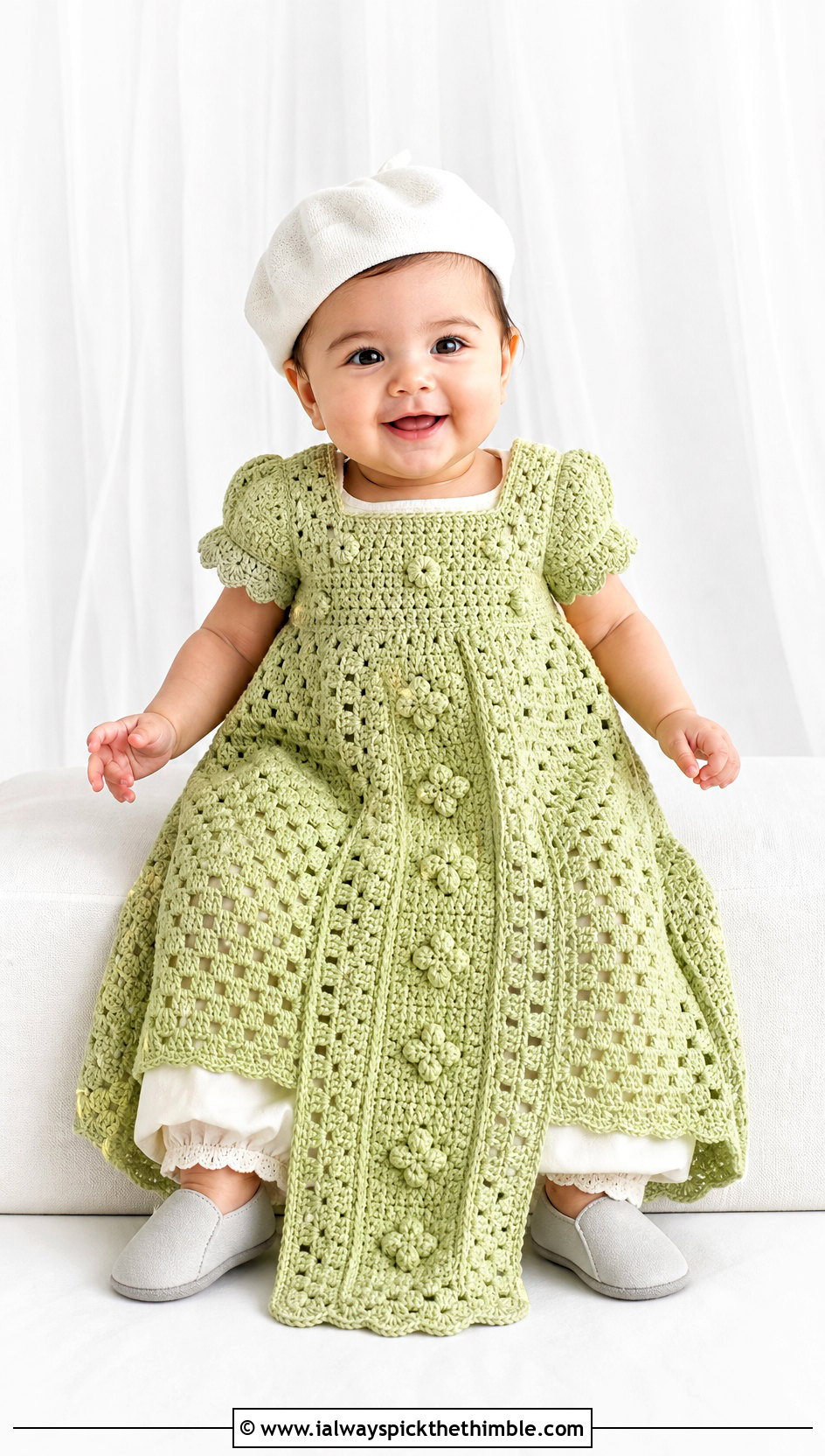Granny Square Panel Crochet Baptism Gown With Modern Beret - 15 Crochet Baptism Gown outfit ideas