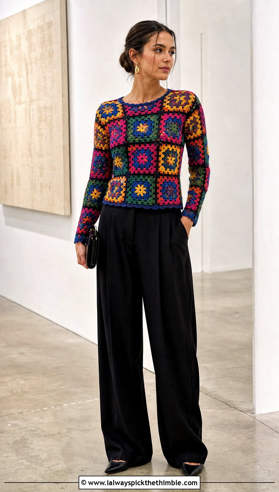 Granny Square Panel Crochet Fitted Sweater With Black Trousers - 20 crochet fitted sweater outfit ideas