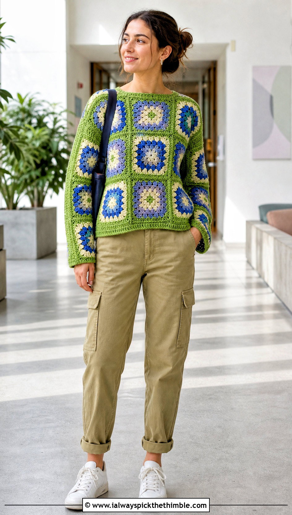 Granny Square Panel Double Crochet Sweater With Utility Pants - 25 double crochet sweater outfit ideas