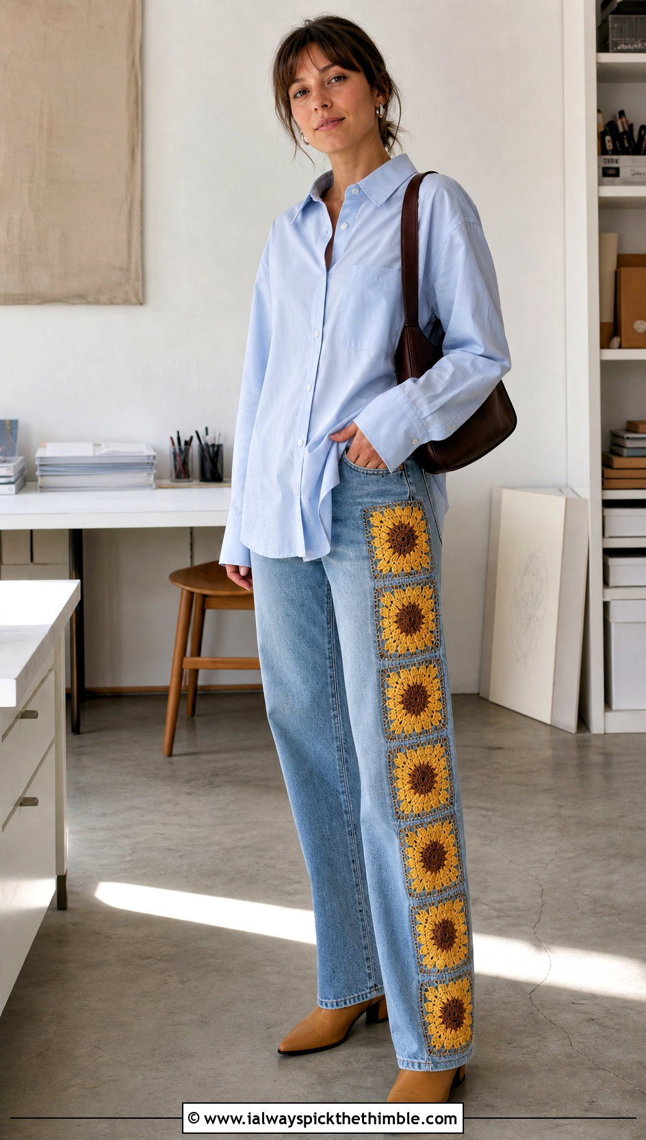 Granny Square Panel Jeans With Oxford Shirt - 15 Crochet Clothes With Fabric outfit ideas
