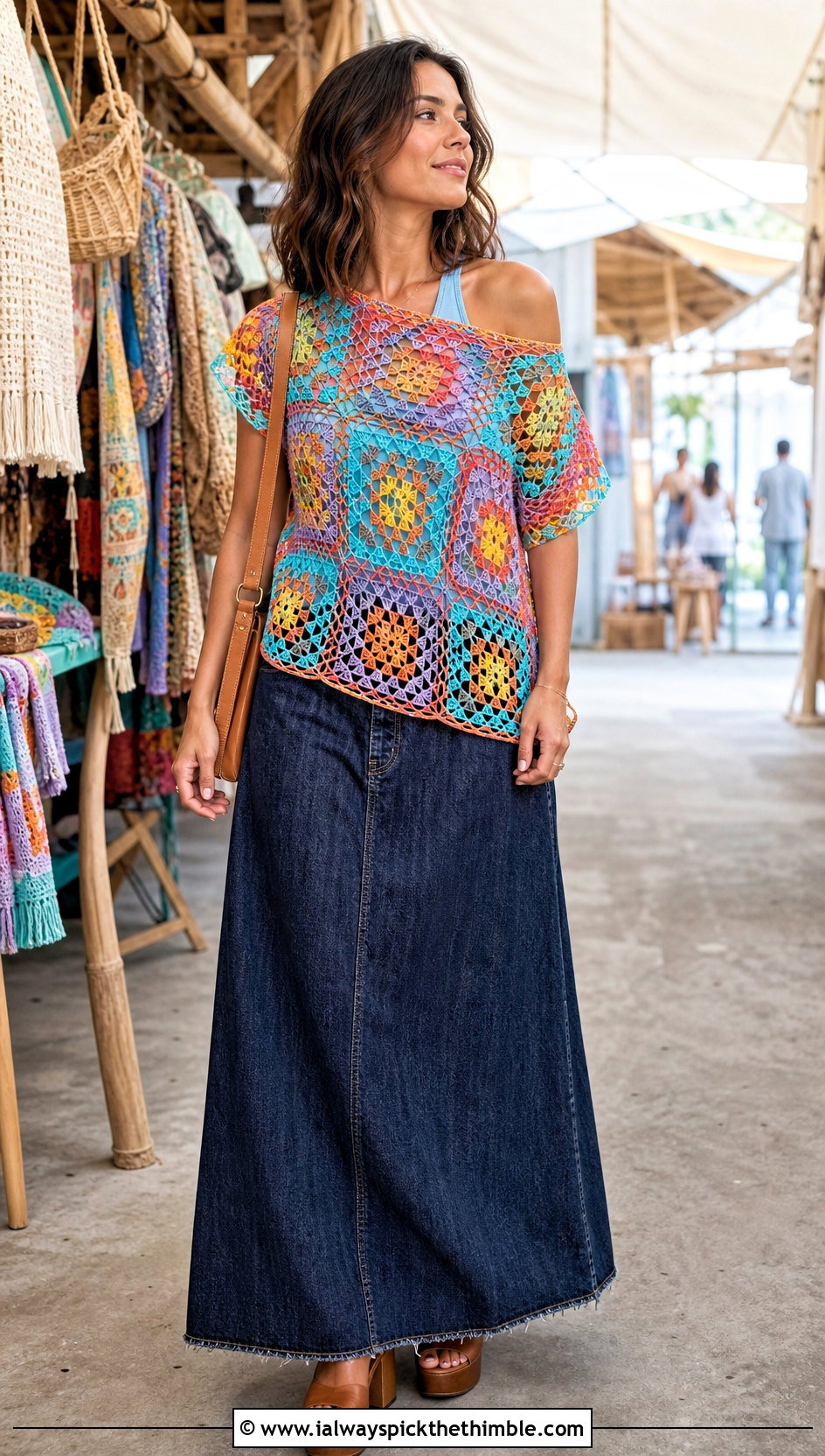 Granny Square Panel Mesh Off Shoulder Top With Denim Maxi Skirt - 20 crochet mesh off shoulder top outfit ideas