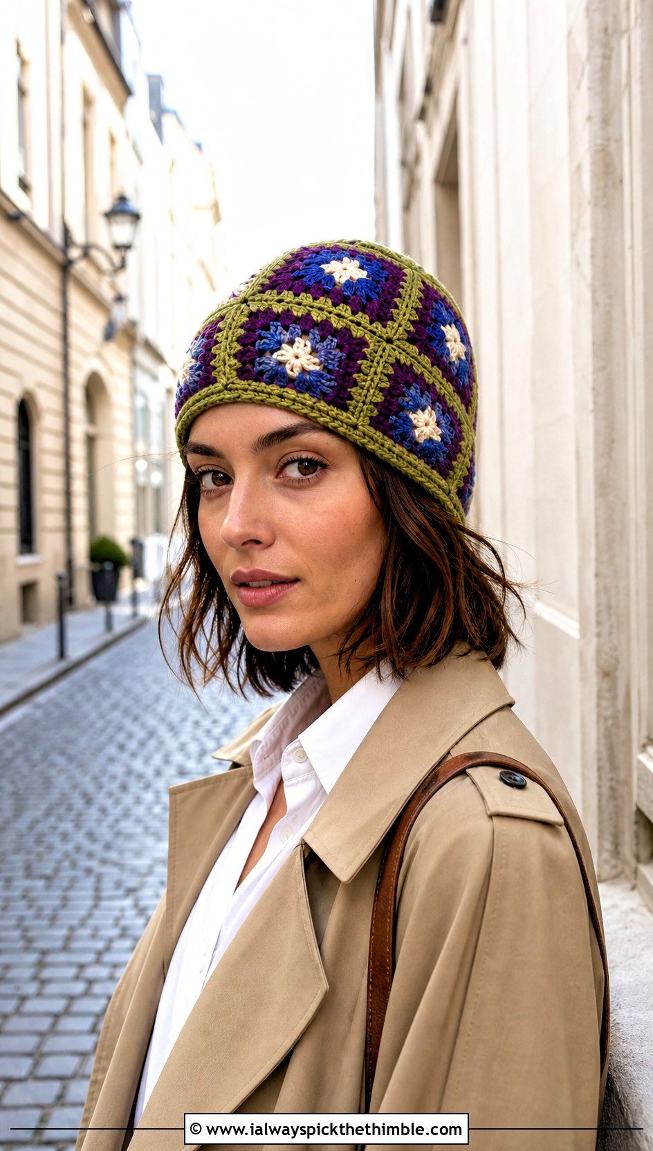 Granny Square Patchwork Color Block Crochet Beanie With Trench Coat And Loafers - 20 Color Block Crochet Beanie outfit ideas